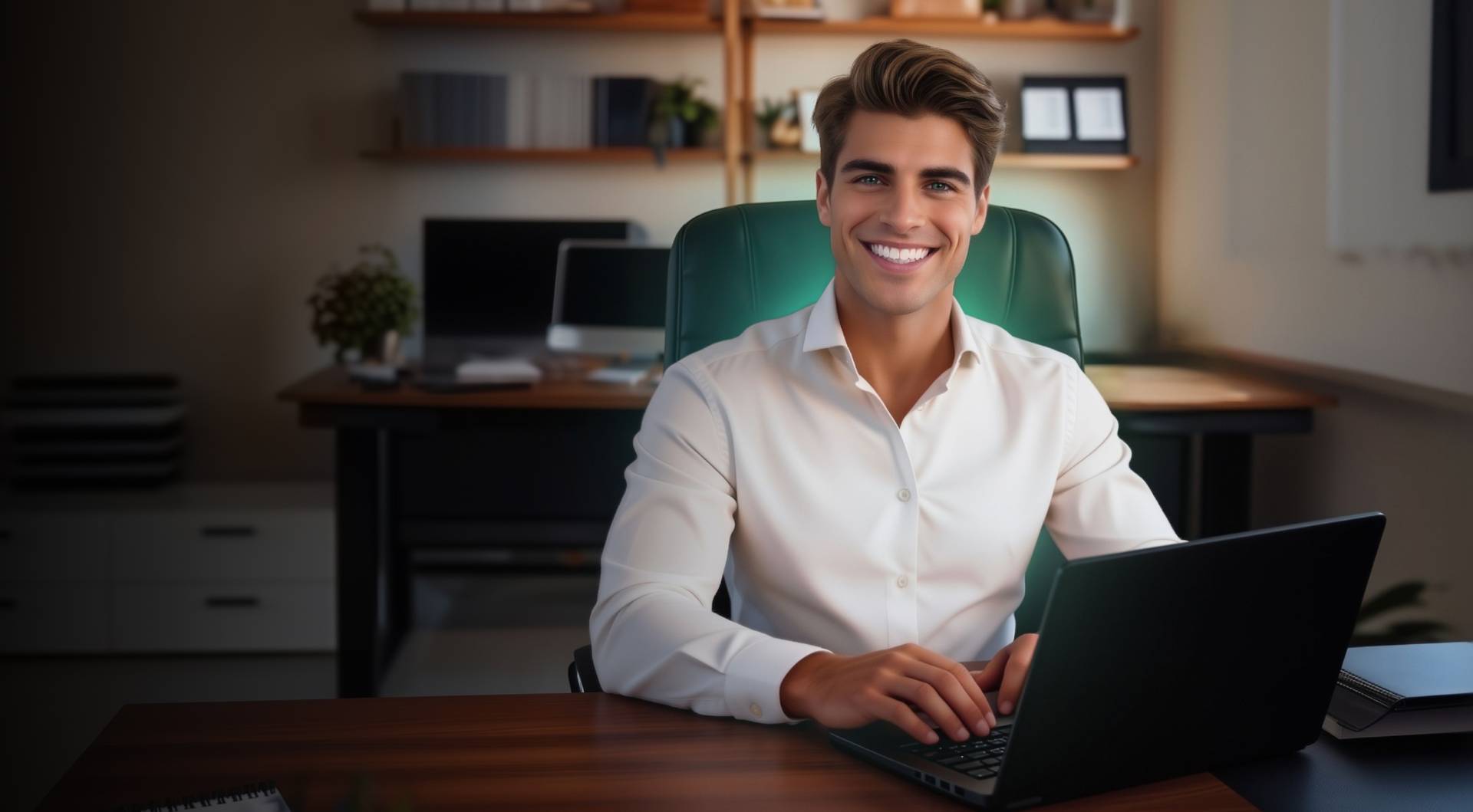 A man working at a laptop in a home office